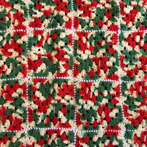 Vintage 1970s Hand Crochet Green Orange Yellow White Afghan Cottagecore Blanket